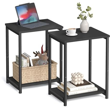 VASAGLE Set of 2 Side Tables, 2-Tier Sofa Side Tables, Bedside Tables with Steel Frames, for Living Room, Bedroom, Home Office, Industrial Style, Classic Black LET272B16
