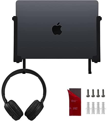 JEMACHE Metal Wall Laptop Mount Compatible with MacBook Air, Pro, Surface, iPad, Tablets with Headphone Holder, Anti-Scratch Pads, Adhesive (Black)