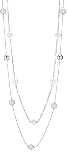 FULU AUTUMN Damen Statement Kette Lange Perlenkette Silber Chain Zwei Strang Modeschmuck Halskette Geburtstagsgeschenk(16-White)