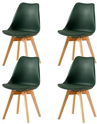 EGGREE Set di 4 Sedie Sala da Pranzo Sedie da Cucina con Gambe in Legno Sedie Ufficio Imbottita in Pelle PU Moderne Design, Verde Scuro Smerigliato
