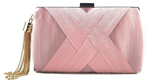 Yurosiay Damen Satin Clutch Abendtasche Elegant Handtasche Abend Satin Clutch Kettentasche Mit Gold Quaste Anhänger Brauttasche Hochzeit Party Handtasche für Abschlussball Bankette Rosa