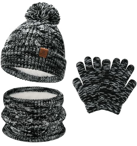Bequemer Laden Winter Bommel Mütze Kinder Loop Schal Handschuhe 0-8 Jahre | Warme Wintermütze Rundschal Fäustlinge für 0-4 Baby Kleinkinder, Touchscreen Handschuhe für 5-8 Mädchen Jungen Geschenke