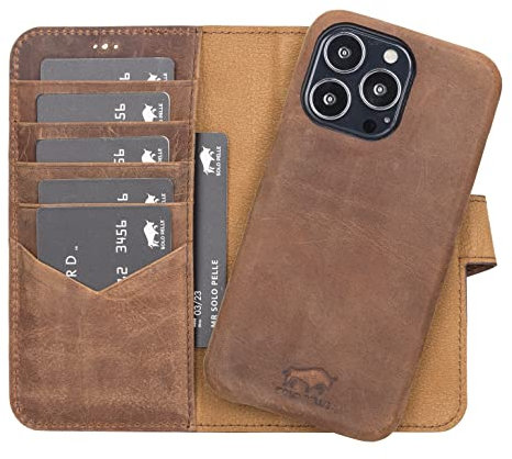 Solo Pelle Lederhülle kompatibel für iPhone 15 Pro in 6.1 Zoll abnehmbare Hülle (2in1) inkl. Kartenfächer für das original Apple iPhone 15 Pro (Vollleder Vintage Braun)