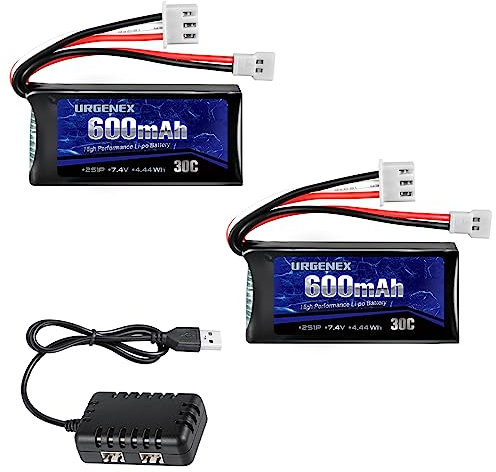 URGENEX FCX24 Battery 7.4V 600mAh 30C Lipo Battery with Molex Plug Fit for FMS FCX24 Atlas RC Car, Truck, Truggy 2S Rechargeable Li-Po Battery 2 Pack with 1 to 2 USB Charger