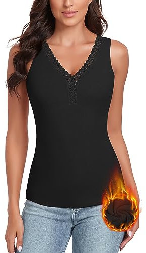 WOWENY Damen Tank Top mit Spitze Thermo Ärmellos Thermohemd V-Ausschnitt Warme Vest Unterhemd Camisole Unterwäsche Fleece Shirte Winter,Schwarz,S