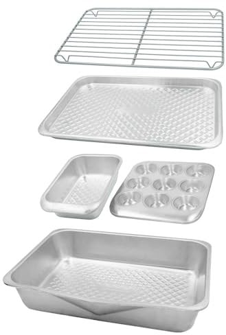 MasterClass Recycled Aluminum 5pc Baking Set, Stacking Bakeware Set with Roaster, Muffin Pan, 2lb Loaf Tin, Baking Tray & Wire Cooking Rack