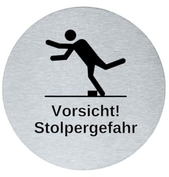 stahl-design-tebart Hinweisschild Piktogramm rund 7,5 cm Edelstahl selbstklebend 3M Klebefläche graviert Edeloptik elegante Beschilderung langlebig VORSICHT STOLPERGEFAHR- 7,5x7,5x0,1cm