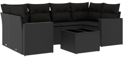 Willood 7-TLG. Garten Rattan Sofa-Set mit Kissen Schwarz Poly RattanSchwarz+Schwarz
