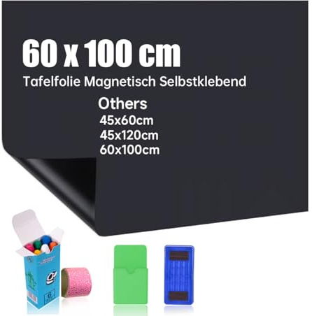 Tafelfolie Magnetisch Selbstklebend, 60x100cm Kreidetafel Magnetisch, Magnettafel Selbstklebend DIY, Inklusive staubfreier Kreide und Schwamm, Wandfolie für glatten Oberflächen in Schule Büro Haus