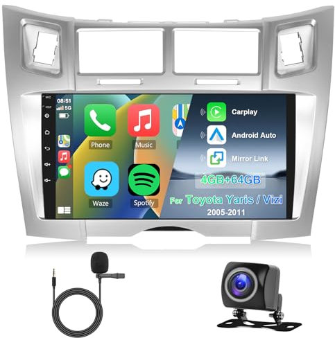 8 Core 4G+64GB Autoradio per Toyota Yaris/Vizi 2005-2011 Android 9 Pollici Touchscreen Carplay Android Auto, Radio 2 Din GPS Navigatore Bluetooth WiFi DSP WiFi FM RDS Camera Schermo per Toyota