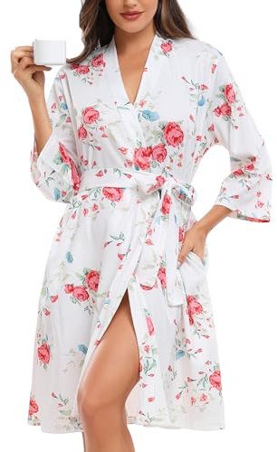 Lovasy Waffle Dressing Gowns for Women UK Lightweight Spa & Bath Robes for Women Ladies Kimono Dressing Gowns Women's Knee Length Robes Women's Waffle Hotel Robe with Pockets,Fp White,XXL