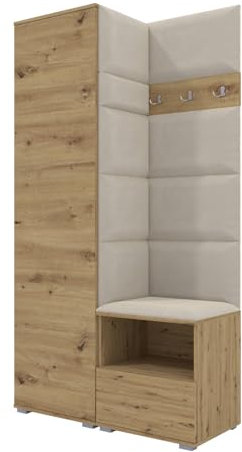 RAVIO Garderoben-Set NELA I mit Kleiderschrank & 3 Doppelhaken, 100cm Flurgarderobe mit Garderobenpaneel & Schuhschrank (Artisan Eiche + Creme (Trinity 01))