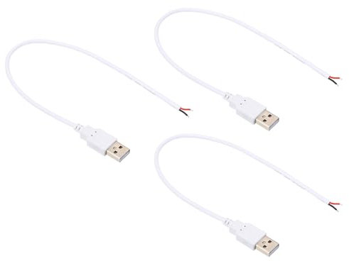 PATIKIL 0.3M/1Ft 5V 3A Type-C Pigtail Extension Power Cable, 3 Pcs 22AWG USB-C Plug to 2 Pin Bare Wire Open End Connector Plug for DIY Equipment Repair, White