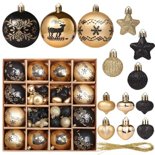 Kesote 52 Palline di Natale Nere e Oro, Decorazioni Natalizie per Albero di Natale Glitter Palle di Natale Decorazioni Natalizie Addobbi Decorativi di Natale, 3/4/6 cm