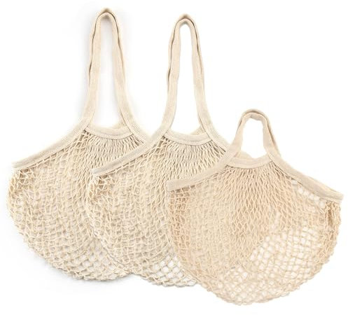 WACH AUF 3 Stück Einkaufsnetz Groß Netz Einkaufstasche Bio Baumwollseil Einkaufstaschen Mesh Tasche Wiederverwendbar Netztasche mit Länger/Kurzer Griff Tragbar Produktbeutel Netzbeutel für Obst Gemüse