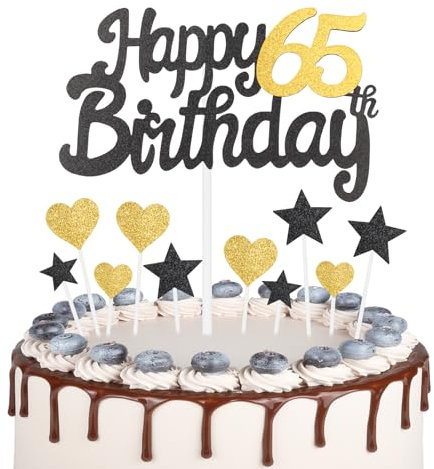 Gold Black 65th Birthday Cake Topper, Shining Happy Birthday Cake Cupcake Toppers,Women Men 65th Birthday Decorations, Black Gold Cake Toppers for Women Men Girls Boys Birthday Party Decorations