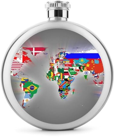 Whiskey Flask World Map Hip Flask for Liquor Stainless Steel Drinking Flask for Men Women 9x9cm