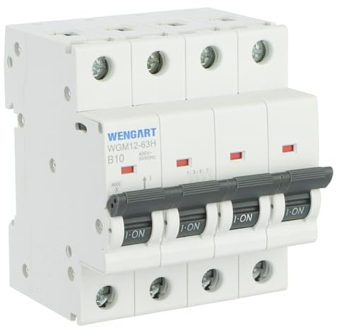 Wengart Disjoncteur miniature triphasé WGM12-63H AC230V/400V, 10A, 4P, 10kA, B-Char, haute résistance aux courts-circuits, matériaux ignifuges pour protéger les systèmes électriques domestiques