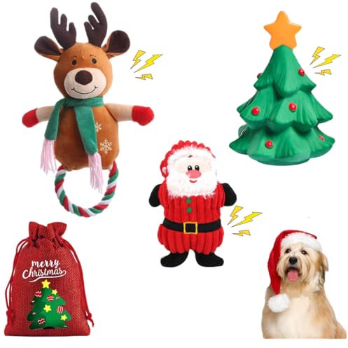 Little Bean Christmas Dog Squeaky Toy Dog Chew Toy 3pcs Set Santa,Christmas Tree and Trindeer Plush Dog Toys for Small Dogs with Squeakers Durable Interactive Puppy Chew Toys (Christmas set)