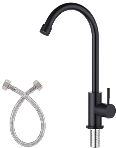 CREA Nur Kaltwasser-Wasserhahn für Küche, Outdoor, mattschwarz, 1 Loch, hoher Bogen, 360° drehbar, Einhand-Kaltwasserhahn, Edelstahl, 5,6 cm extra lange Gewindestange