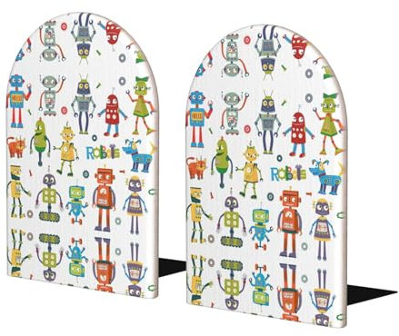1 paire de serre-livres en bois avec motif de robots mignons de dessin animé pour étagères, serre-livres en bois robuste pour livres et films