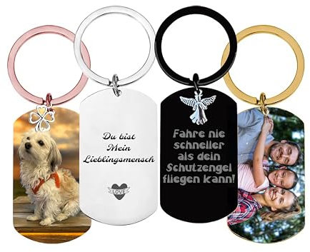 KIDDI-MEDIA Foto - Schlüsselanhänger personalisiert mit echter Text Gravur und Farbfoto mit hochwertiger glasartiger Schutzschicht – optional mit Charm-Anhänger und Glücksbringer Symbol (Rosé)