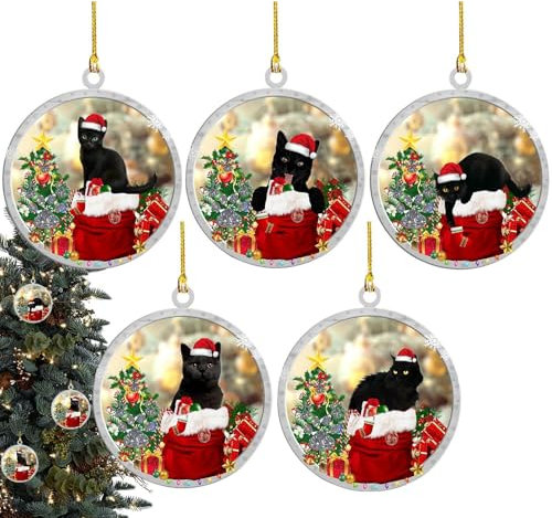 Acryl Christbaumschmuck | Acryl Christbaumschmuck | 5 Stück Baumanhänger Acryl Schwarze Katze - Süße Weihnachtsschmuck inkl