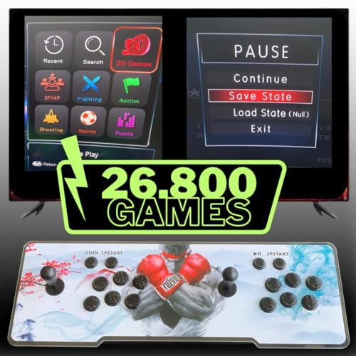 Consola Máquina Arcade con 26800 Juegos Retro y Juegos 3D Originales con LED Que cambian de Color y Sistema de Sonido y joysticks ovalados