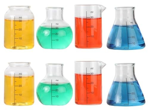 Lily's Home Mini Science Beaker and Flask Shot Glasses, Great Gift for Chemistry and Bio Grads, Nurses and Doctors, Clear 2 to 2 1/8 Tall, Set of 8 Assorted