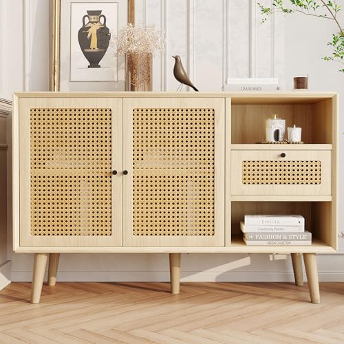 Merax Buffet, Commode avec 1 tiroir et 2 portes magnétiques, tressage en rotin sur les façades des portes, pieds en bois massif, poignée en métal noir, étagères réglables, 120 x 40 x 80 cm/Chêne