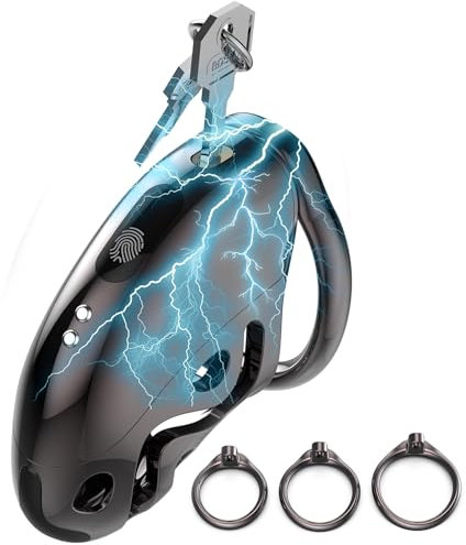 Cage de chasteté à électrochocs pour hommes,Cage à pénis avec 6 niveaux d'électrostimulation & 3 anneaux réglables, sextoy imprimé en 3D pour la stimulation du pénis et l'entraînement intime