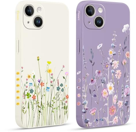 Yirlbey 2 Pezzi Cover per iPhone 14 6,1 Custodia Fiori Disegni Aesthetic Motivo, Lilla Beige Silicone Antiurto Morbido Sottile Protezione Fotocamera Ragazza Case