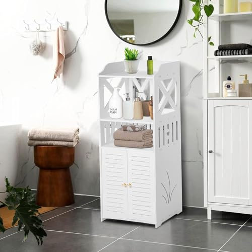 CROWNSHOP 3 Tier Bathroom Storage Unit Bathroom Cabinets Free Standing Display Cabinet Home Storage Furniture Organizer Unit for Office Living Room Kitchen White 92 * 40 * 25CM