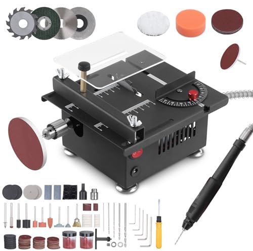 Mini tischkreissäge,100W mini kreissäge mit 4 Klingen,0,1-16 mm Einstellbarer Sägeblatthöhe,7-Gang-Drehzahlregelung,Multifunktionale tischsäge mit Flexwelle & Drehscheibe für Schleifen/Polieren/Bohrer