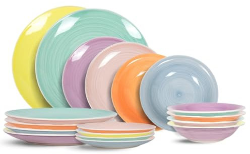 Cookinglife Pastel Harmony | Geschirrset 18-teilig | Tafelservice 6 Personen | 6 Speiseteller, 6 Dessertteller, 6 Tiefe Teller | pastellfarbene | spülmaschinenfest | mikrowellenfest | backofengeeignet