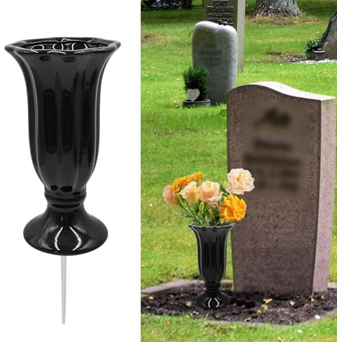 Ceramic Grave Vase with Metal Spike – Memorial Flower Holder for Graveside Decorations – Elegant Cemetery Ornament for Gardens, Lawns and Outdoor Tribute Displays