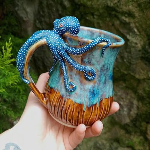 Octopus Kaffeetasse, 414ml Octopus Geformter Henkel Tasse, 3D Trinkbecher Mit Tintenfisch Tentakelgriff, 3D Harz Tintenfisch Kaffeetasse, 3DKaffeetasse Keramiktasse Oktopus Stil Mit Tentakel Bartgriff