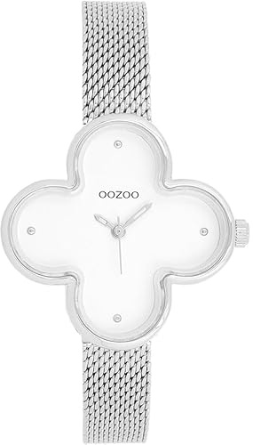 Oozoo Timepieces Damen Uhr in Silber I Armbanduhr Damen mit Edelstahlarmband I Moderne Uhr für Frauen I Edle Analog Damenuhr in Kleeblattform 32x32mm Gehäuse C11525