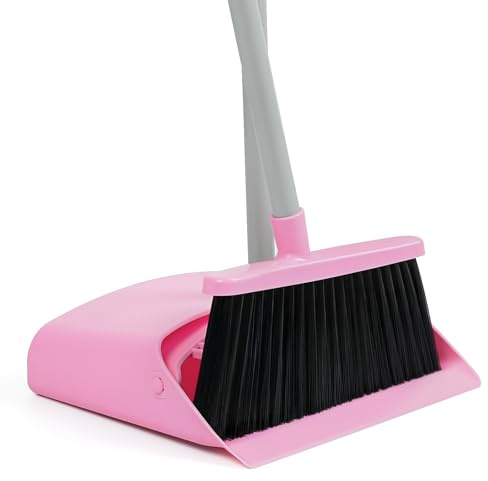 Pink Broom and Dustpan Set,58” Long Adjustable Handle Small Broom with Stand up Dustpan Combo Set with Dust Pan Teeth,for Indoor Home Office Floor Cleaning