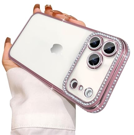 Reownest Transparent Handyhülle für iPhone 17 Pro Max Hülle, Cute Aesthetic Flash Luxus Glitter Bling Diamant Stoßfeste und Kameraschutz Case Cover für Frauen Mädchen-Rosa