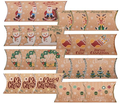Packung mit 24 kleinen Weihnachtsgeschenkboxen aus Kraftpapier, Verschiedene Motive für Weihnachten, Geschenkverpackungen für Süßigkeiten, kleine Geschenke und Adventskalender
