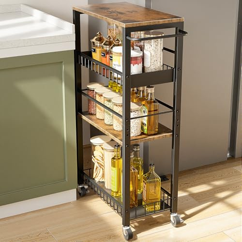 Kssiaz Slim Storage Rolling Cart, 4 Tier Narrow Cart with Wheels, Metal Kitchen Rolling Cart for Small Spaces, Slide Out Storage Shelves for Kitchen, Laundry Room, Bathroom, Living Room, 9.1in(W)