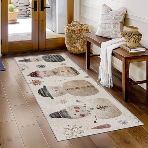 Generisch Läufer Flur Weihnachten Schneemann, Waschbarer Teppich Läufer Christmas 60x180, Küchenteppich, Eingangsbereich, Bettvorleger, Schlafzimmer Deko, rutschfest, Kurzflor i242