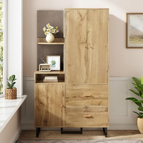 Lumivortex Kleiderschrank Holz, Kleiderschrank Klein mit 2 Türig und 2 Schubladen, 110 x 38 x186 cm, Garderobenschrank Flur, Offene Ablage (A)