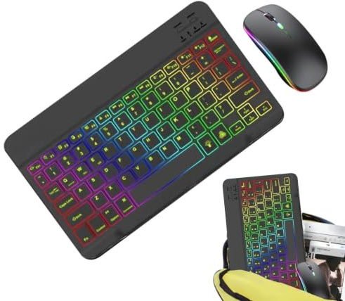 Clavier et Souris sans Fil rétroéclairés – Ensemble Fin, Clavier dégradé de 7 Couleurs avec 2 Modes d'éclairage | Adaptateur combiné sans Fil 2,4 G | Conception et Portable pour Les études