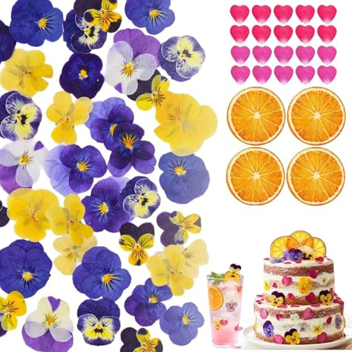 Celblisora 64 Pcs Edible Flowers for Cocktails Cake Decorating,Real Dried Pressed Flowers Cupcake Toppers for Crafts Resin Mix with Pansy, Heart Rose Petals,Orange
