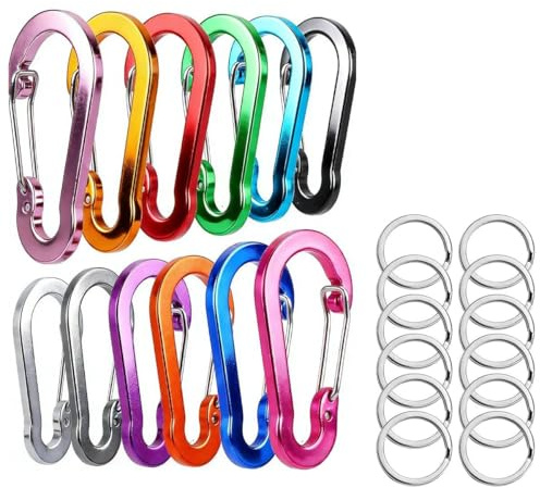 Ruvan 12 Pcs Clip Mousqueton, 50mm Porte-clés Mousqueton avec Anneau en D 8 Couleurs,Mousquetons À Ressort Durables en Aluminium avec Anneaux en Acier 12pcs pour L'extérieur