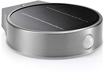Auraglow Solar Powered Dusk to Dawn and PIR Sensor Wireless Outdoor Garden Security LED Wall Light in Stainless-Steel Slim Round Sconce Design