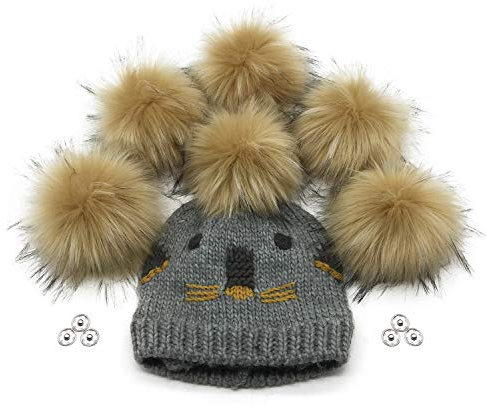 FurryValley Kunstfell Pompon 6 Stück Stricksets Handarbeiten DIY Handwerk Bommel für Strickmütze Schals mit Druckknopf abnehmbar Häkeln Stricken Verzierungen Zubehör 16cm Extra Groß (Khaki)