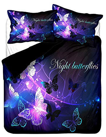 Sticker Superb. Blau Lila Nacht Schmetterling Kunst Dekoration Bettwäsche-Set zum Herbst Winter, 3D Tier Maus Blume Süss Liebe Star Rosa Bettbezug Mikrofaser Polyester (Schwarz lila, 220 x 240 cm)
